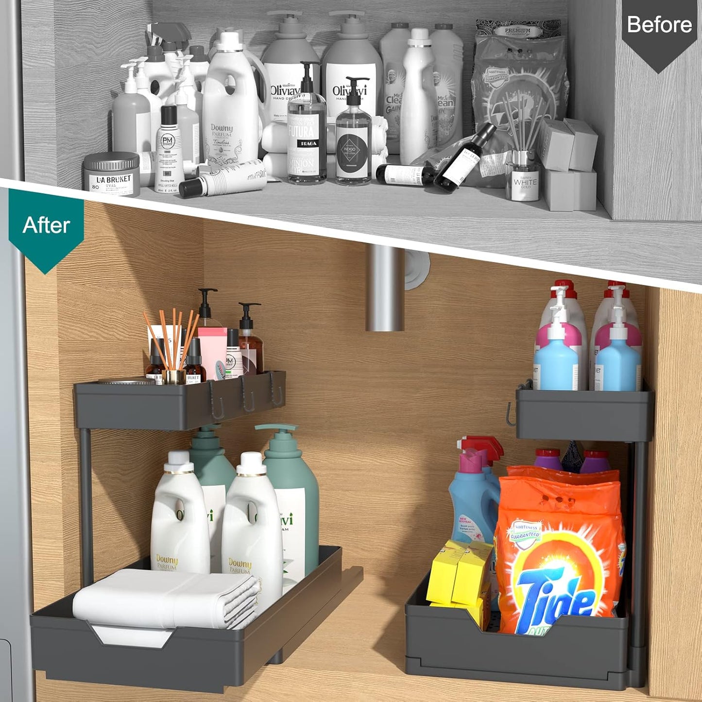 Nature's Source Under Sink Organizer - 2 Tier Sliding Storage Basket for Kitchen & Bathroom | Black