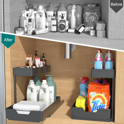 Nature's Source Under Sink Organizer - 2 Tier Sliding Storage Basket for Kitchen & Bathroom | Black
