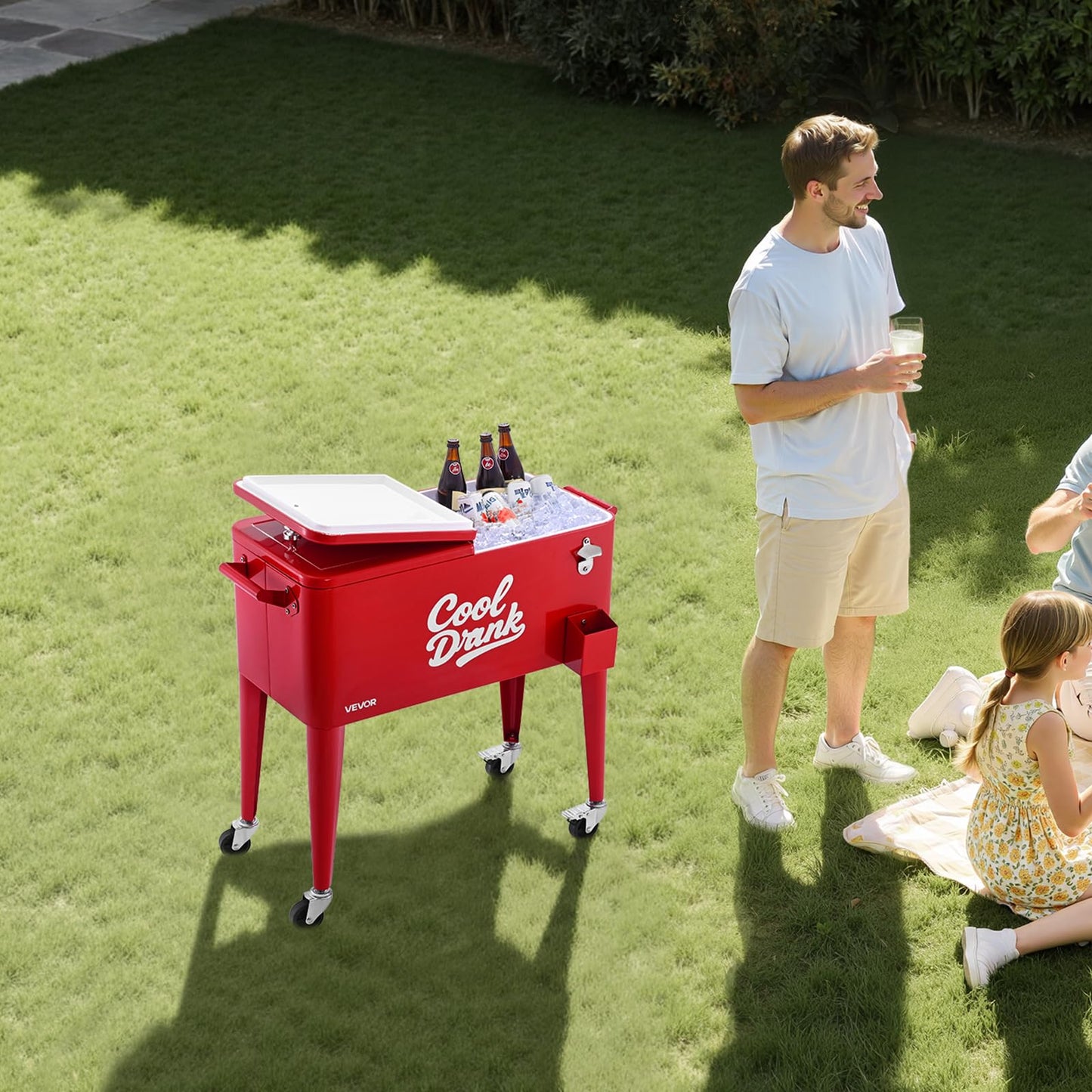 VEVOR 80 Quart Rolling Ice Chest, Holds up to 50 Bottles / 110 Cans, Portable Patio Party Bar Drink Cooler Cart with 4 Swivel Casters (2 with Brakes), Beverage Cooler Trolley with Bottle Opener, Red