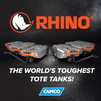 Camco Rhino 28-Gallon Portable RV Tote Tank - Features 2 Steerable No-Flat Front Wheels & Built-in Gate Valve - Includes Removable 24" Tow Bar, 3’ Sewer Hose & More RV Accessories (39005)