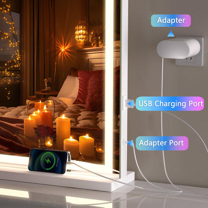 Hasipu Vanity Mirror with Lights and Bluetooth Speaker, 40" x 29.5" LED Makeup Mirror, Lighted Makeup Mirror with Dimmable 3 Modes, USB Charging Port, Square White