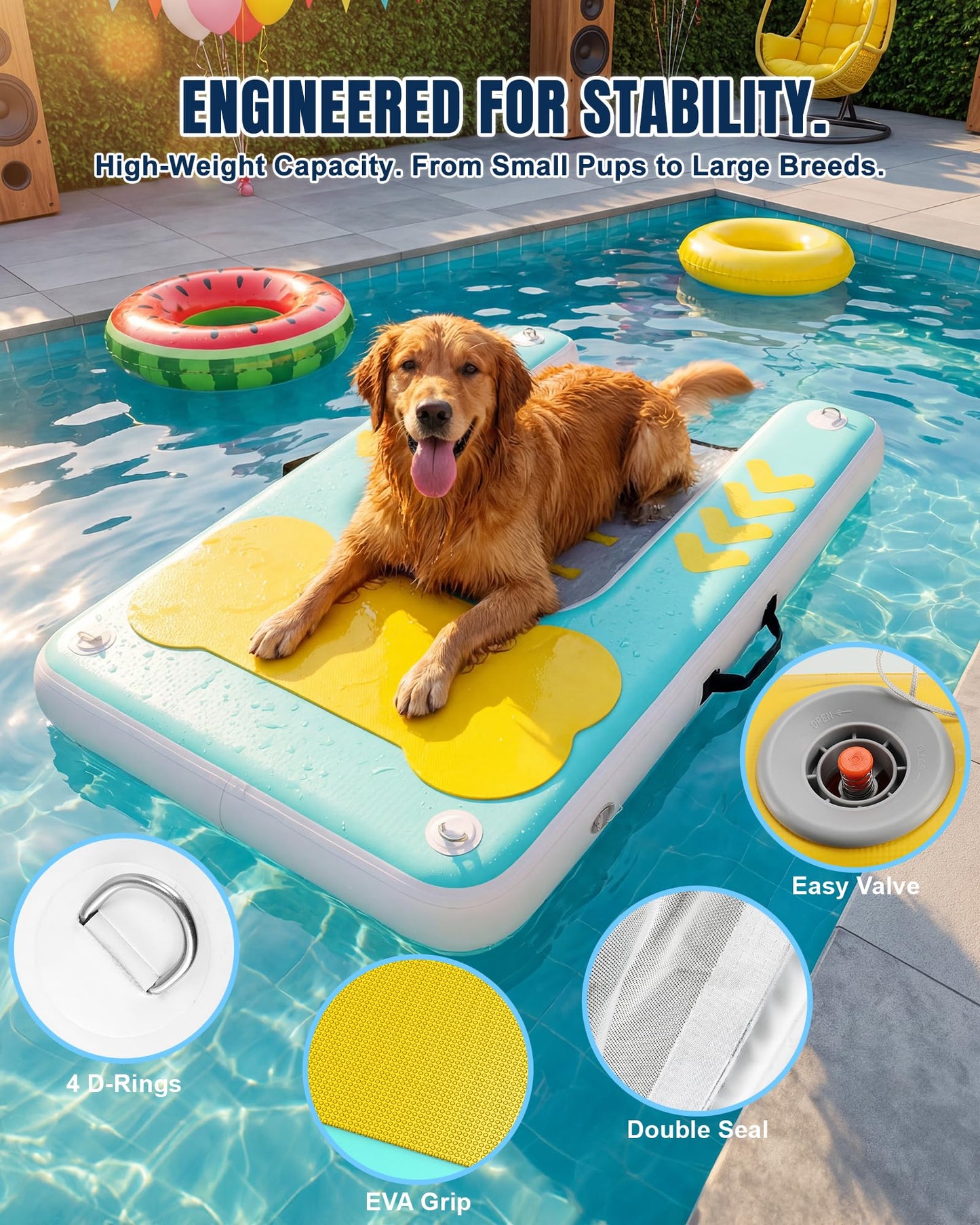 lesotc Inflatable Dog Pool Ramp - 60'' x 40'' Float Dock Platform for Dogs Up to 240 lbs, Non-Slip Floating Platform with Water Ramp for Boat, Pool, Dock, Lake