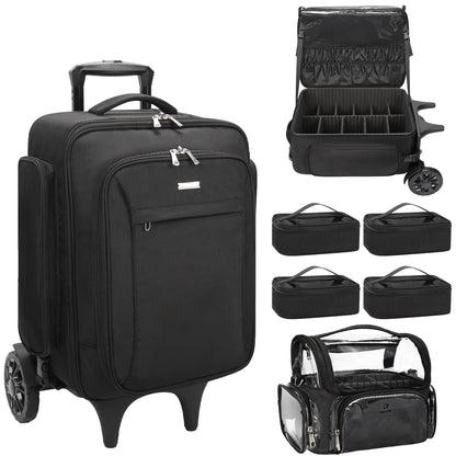 Relavel Rolling Makeup Case with Large Brush Bag, Professional Make Up Travel Organizer Bag with 2 big Wheels, Lockable Makeup Backpack with Adjustable Dividers for Makeup Artist - Black