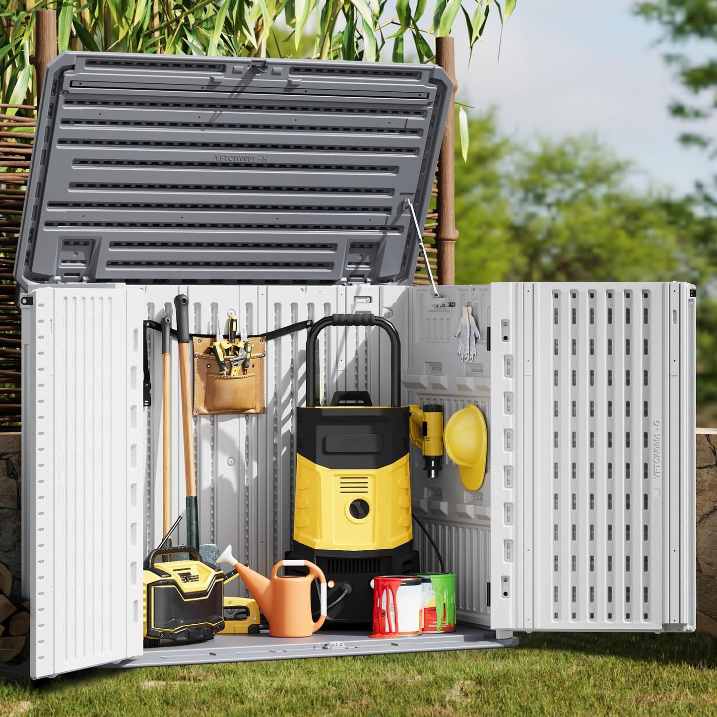 Outdoor Storage Cabinet, 34 Cu ft Outdoor Trash Can Storage Waterproof, Outdoor Resin Storage Cabinet for Patio Tools, Lawn Mower, Garbage Cans