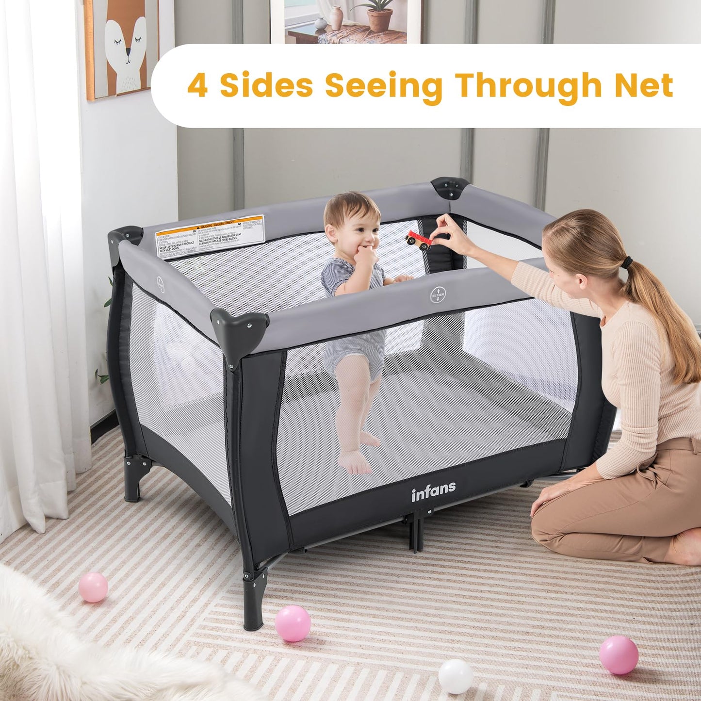 INFANS 4 in 1 Pack and Play, Portable Travel Baby Playard with Bassinet, Changing Table, Canopy, Mosquito Net, Hanging Toys, Music Box, Storage Bag, Large Playpen from Newborn to Toddlers (Black)