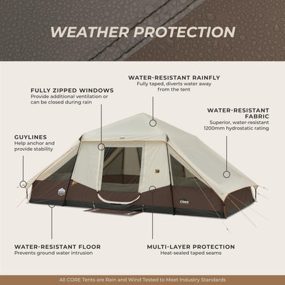 CORE 10 Person Instant Cabin Tent with LED Lights | Large Lighted Pop Up Tent with Carry Bag for Outdoor Camping, Glamping, and Backyard Adventures | Included Storage Pockets for Camp Accessories