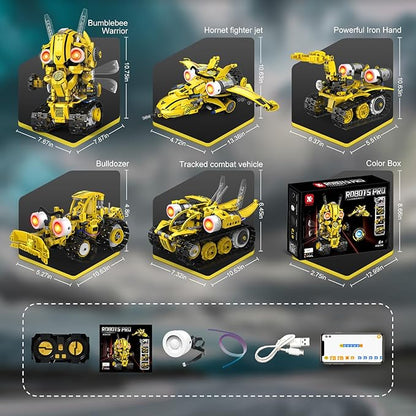 5-in-1 Remote Control STEM Robot Building Kit with LED Light – Transformable Models Eco-Friendly Rechargeable App-Controlled Engineering Toy for Kids 6+ (673PCS)