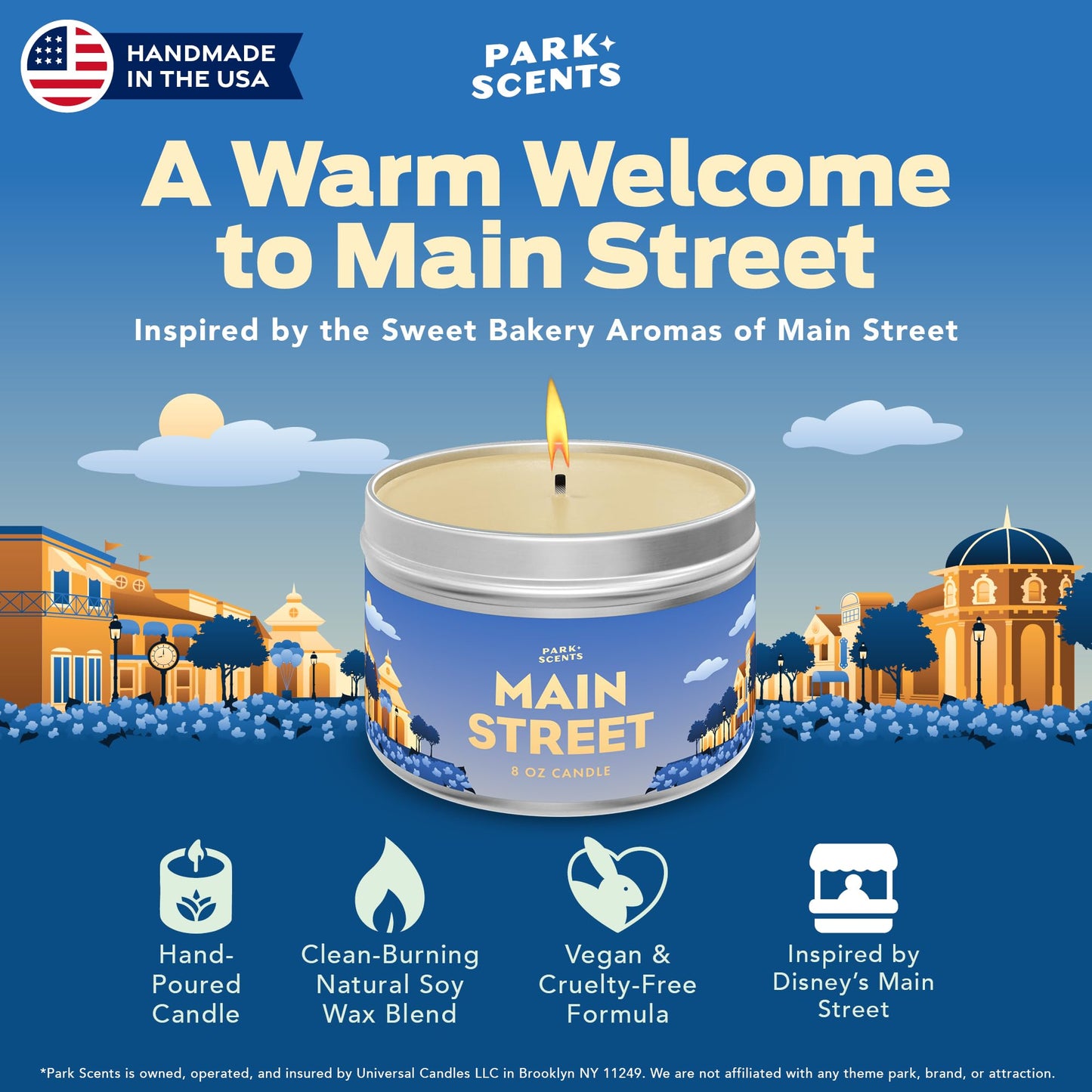 Park Scents Disneyland Main Street Inspired Scented Vanilla Candle - Handmade Soy Candle, Long Lasting, Warm, Sweet Aroma for Home