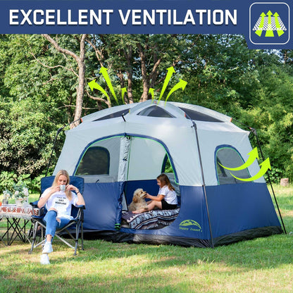 Happy Travel Tent 6 Person Tents for Camping, Waterproof Easy Setup Camping Tent with Rainfly, Portable Large Family Cabin Tent with 5 Large Mesh Windows and Carry Bag for Outdoor Camping & Hiking