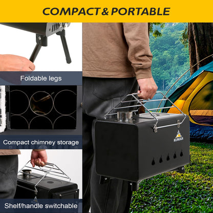Black Wood Burning Tent Stove, 7 Section & 6 ft height Stainless Steel Chimney with diameter 2.24", Kungka Portable Hot Tent Stove for Heating & Cooking, Camping, Hunting, Ice Fishing