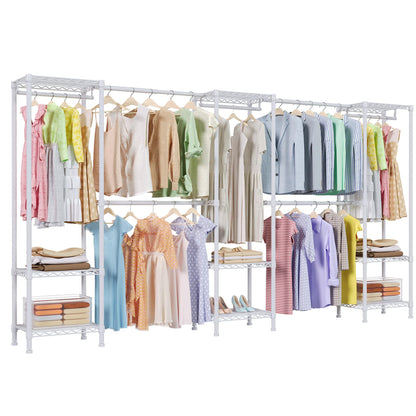 Higeego H11 Heavy Duty Garment Rack, Clothing Rack for Hanging Clothes, Extra Large Closet, Freestanding Wardrobe Closet Organizer and Storage with Hanger Rods, Extendable from 7.8 to 10.8 ft, White