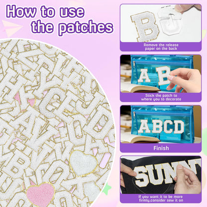 104 Pcs White Chenille Letter Patches & Extra 4 Heart Patches Self Adhesive Stickers Sew On Embroidered Applique Cute Varsity Glitter Stick On Alphabet for Clothing Hats Jeans Fabric