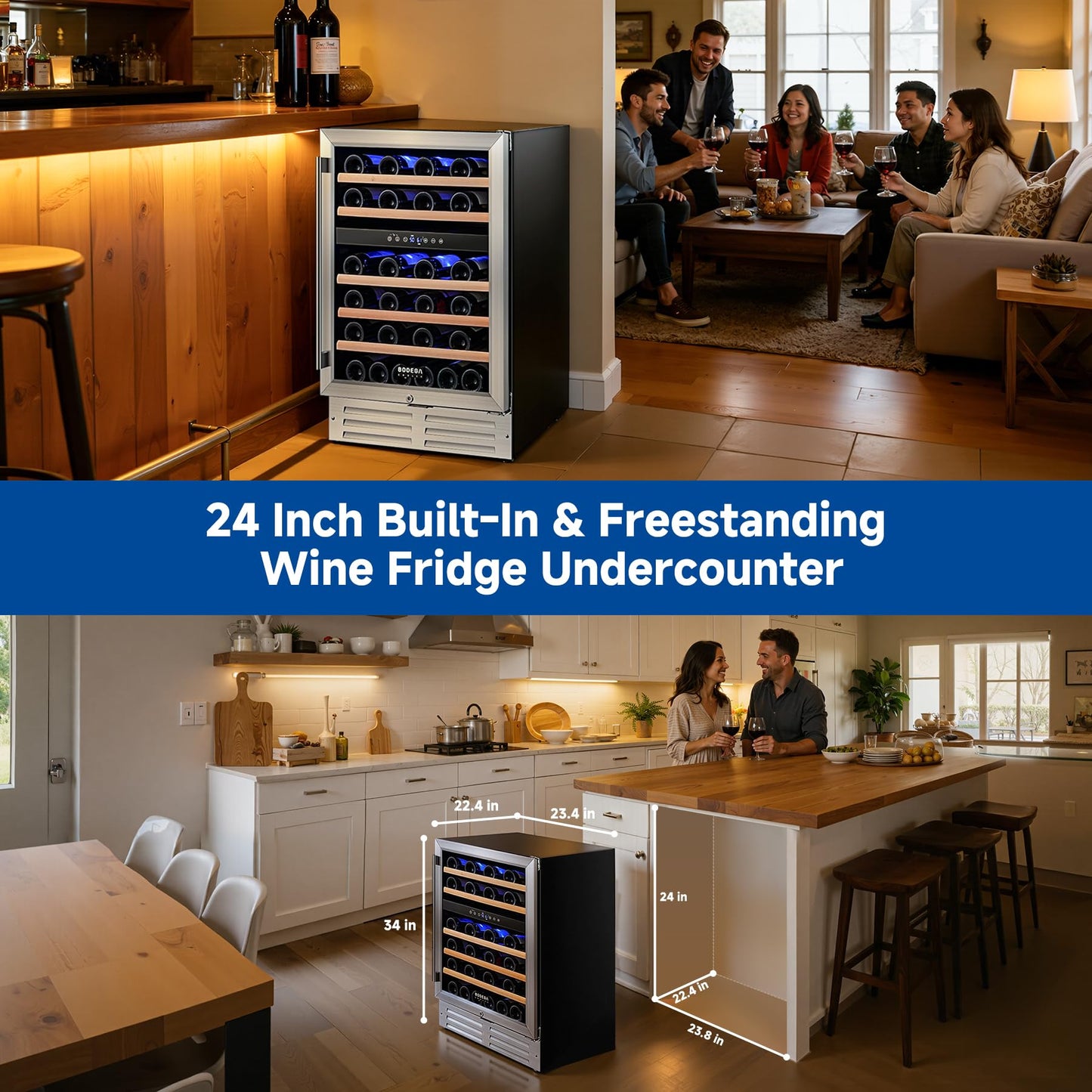 BODEGA 24 Inch Dual Zone Wine Fridge, 46 Bottle Built-in Wine Cooler with Compressor Cooling, Double-Layer UV Glass Door, Digital Thermostat & ≤35dB Quiet – Freestanding Fridge for Home Kitchen Bar