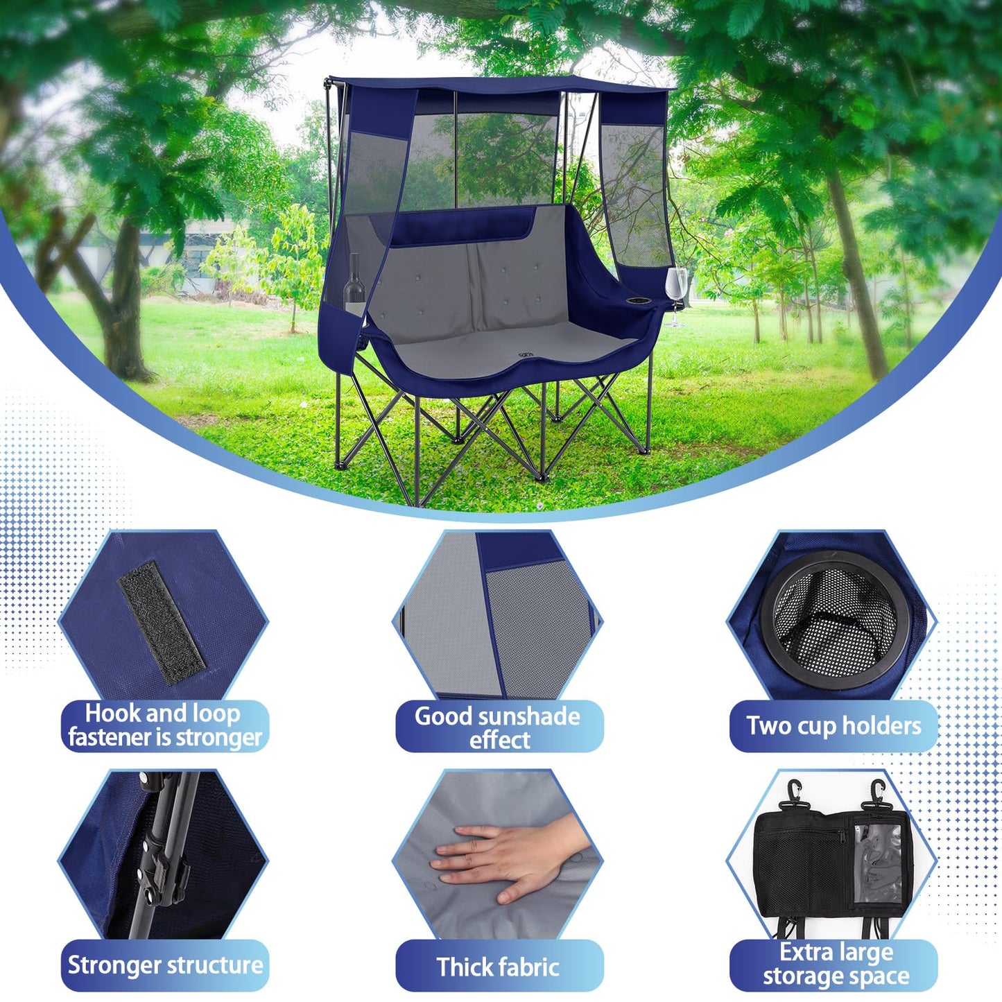 Teenyyou Double Camping Chair with Canopy - 2 Person Beach Chair with UV Sun Protection 660lbs Heavy Duty Foldable Loveseat with 2 Cup Holder & Storage Bag for Lawn Beach Outdoor Sport(Blue and Grey)