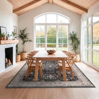 Boho Black Rug - Washable 10x14 Area Rug for Living Room & Dining Room | Soft Low Pile, Non-Slip & Stain Resistant