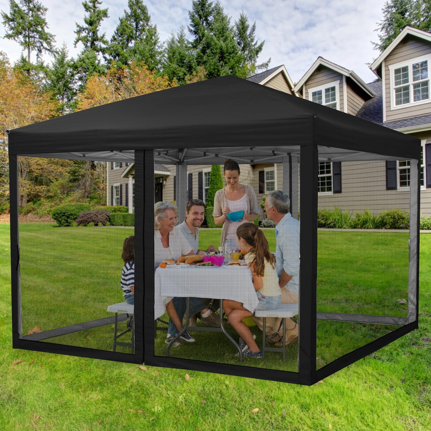 10 x 10 FT Pop Up Canopy, 3 Height Adjustable Instant Canopy with Mosquito Netting, Portable Screen Shelter with Wheeled Carry Bag, Heavy Duty Sun Shade for Patio, Backyard, Black