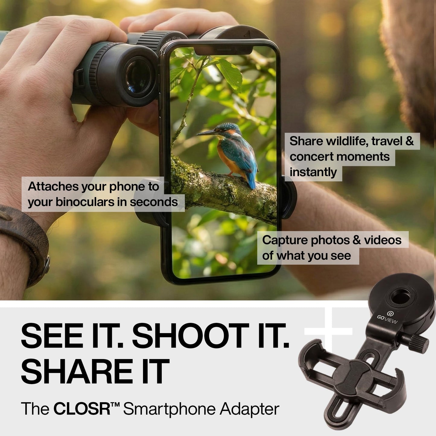 GOVIEW ZOOMR 10x42 Binoculars for Adults | Lightweight | BAK4 Prism with Fully Multi-Coated Optics Smartphone Adapter Compatible Waterproof IPX5/6 PORTR™ Strap with Easy Click Closure - Oak Green