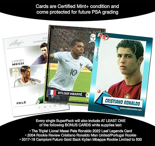 Soccer Superpack - Best Selling Trading Cards - Lionel Messi Mbappe Pele Haaland Cristiano Ronaldo &amp More - 8 cards plus bonuses - All Certified Mint+