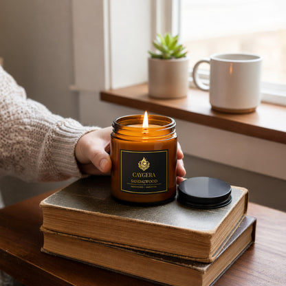 Hand-Poured Candle, Soy Wax Blend Scented Candle, Amber Glass Jar with Lid, Long Burn Time, Small Batch Handmade Home Fragrance Candle for Relaxation & Home Decor (9 Oz, Sandalwood)