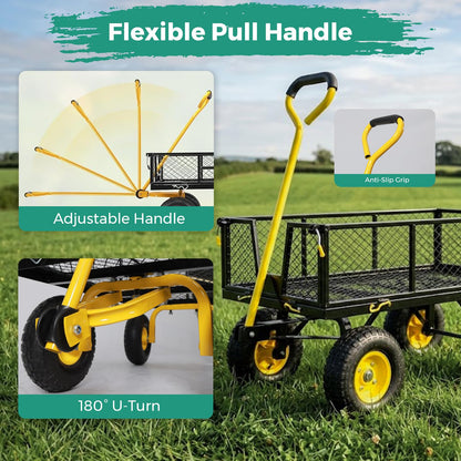 SUNNYFEEL 900 LBS Heavy Duty Steel Garden Cart, Utility Garden Wagon Cart with 10" Flat-Free Wheels and Removable Sides, All Season Yard Cart with 180° Adjustable Handle