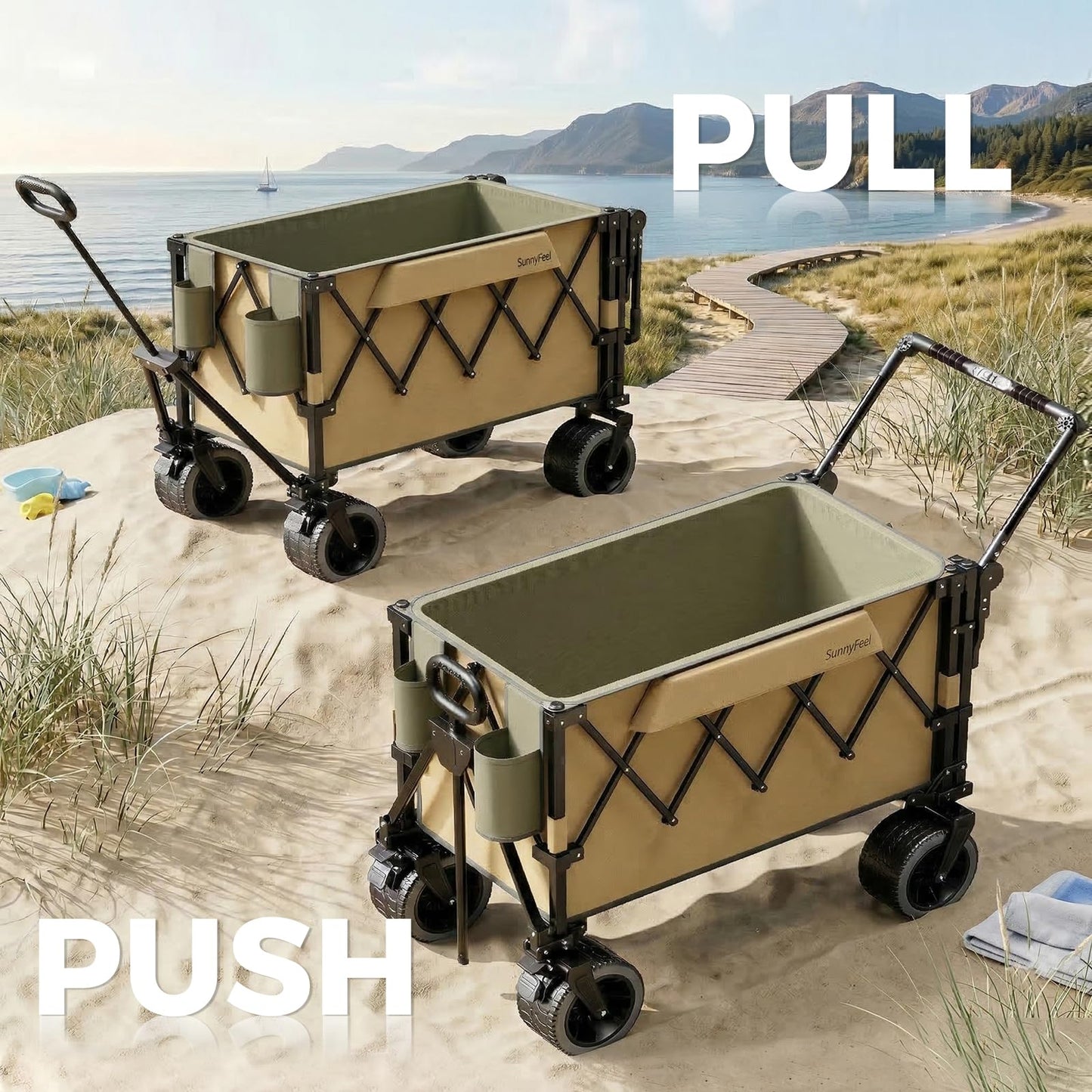 SUNNYFEEL 550LBS Collapsible Wagon Cart - Heavy Duty Push Pull Foldable Wagon with Dual Handles and Big Wheel,Utility Cart with Rear Tailgate for Camping, Fishing, Gardening, Shopping, Grey