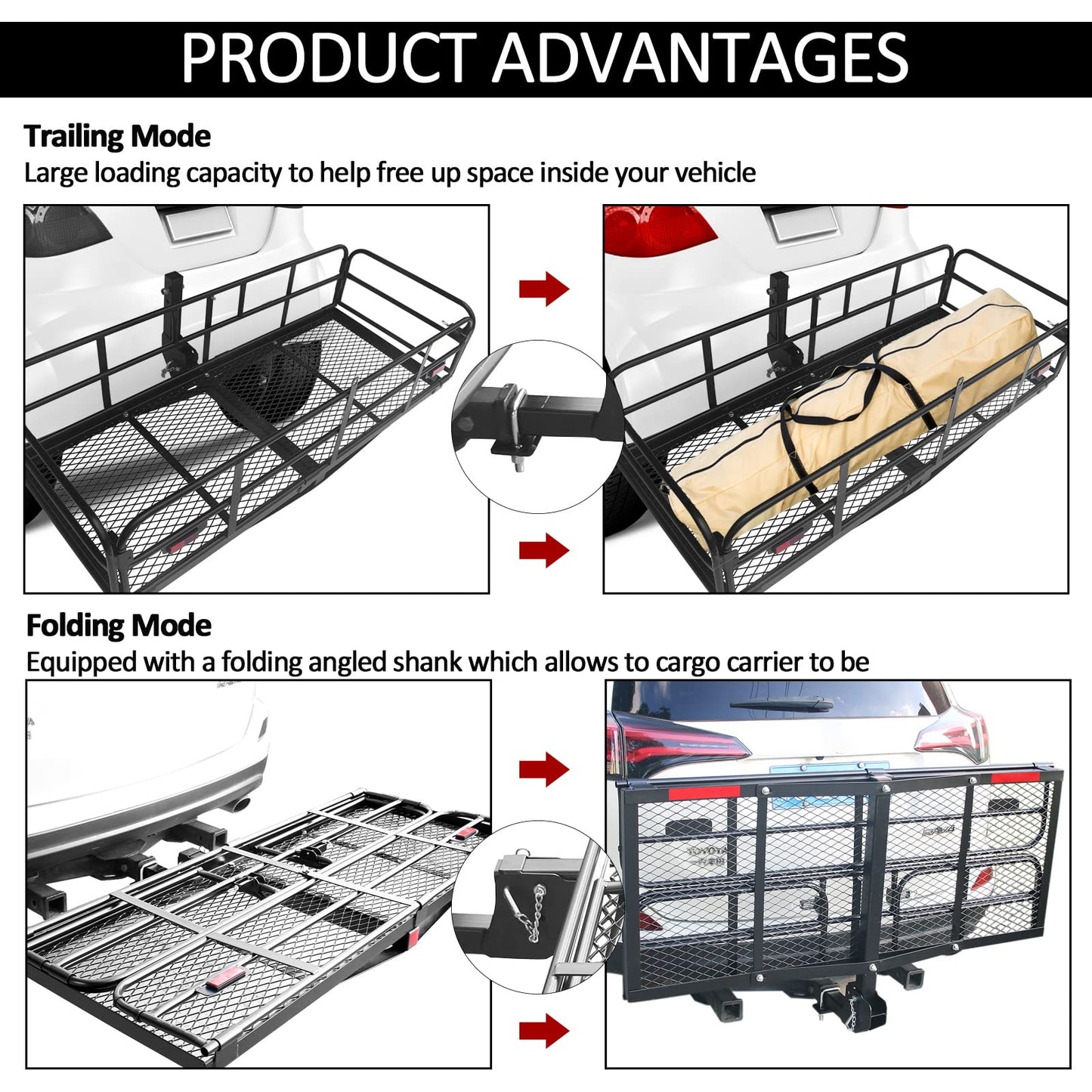 Carivia Folding Hitch Mount Cargo Carrier 60" x 24" x 14" 510 LB Capacity Heavy Duty Cargo Rack Rear Luggage Basket Fits 2" Receiver for Car SUV Pickup Trailer Camping