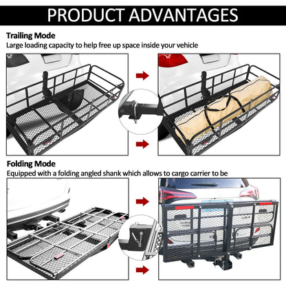 Carivia Folding Hitch Mount Cargo Carrier 60" x 24" x 14" 510 LB Capacity Heavy Duty Cargo Rack Rear Luggage Basket Fits 2" Receiver for Car SUV Pickup Trailer Camping