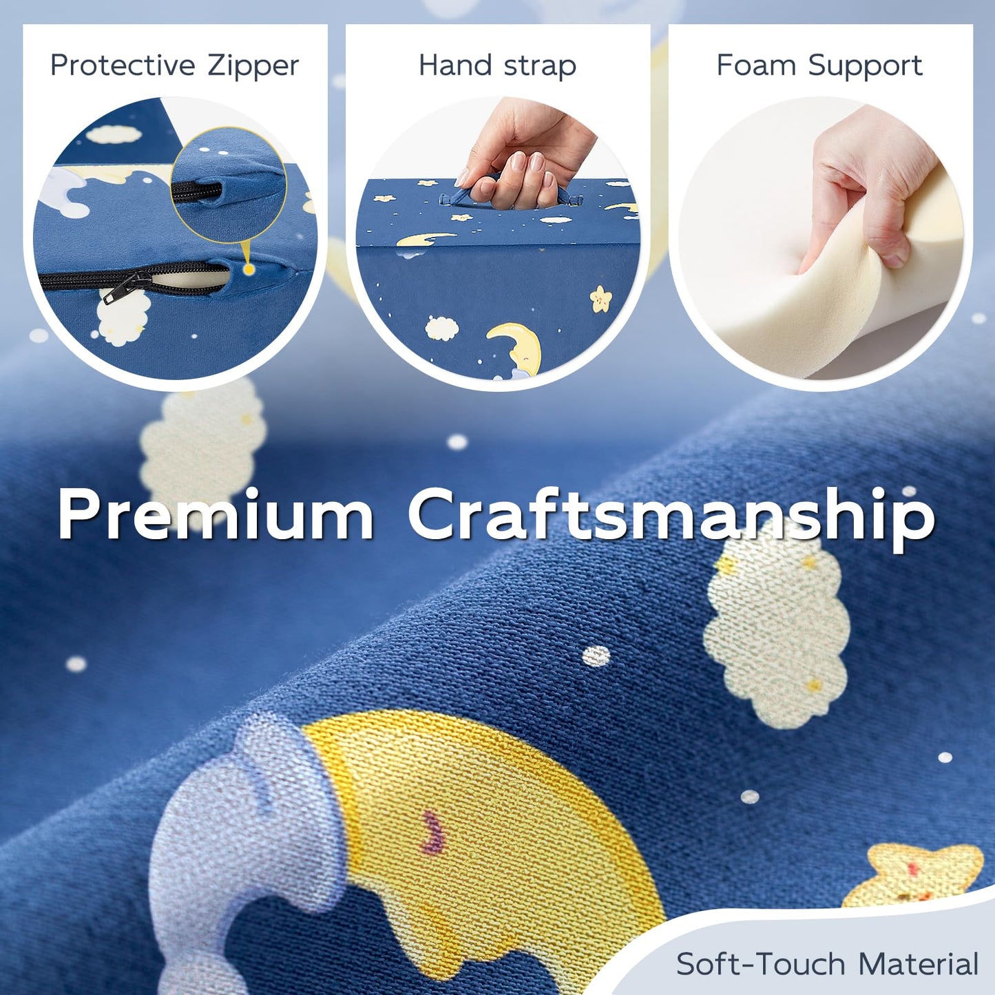 FRUITEAM Portable 3-in-1 Toddler Travel Bed, Soft Fabric & High-Density Foam, Easy-Clean Machine Washable Cover with Moon Star Cloud Print for Camping & Indoor/Outdoor Use - Blue