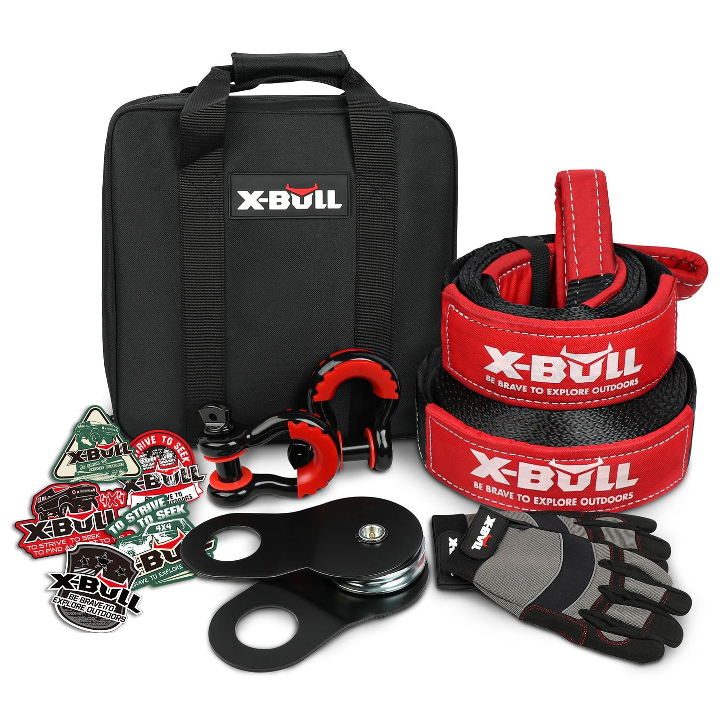 X-BULL Off-Road 4×4 Recovery Kit - Heavy Duty 3'' x 30' (31518LBS) 100% Nylon Tow Strap+41887lbs Break Strength D-Ring Shackles (2pcs)+Block Pulley+Gear Storage Bag +Gloves for ATV/UTV Jeep Truck
