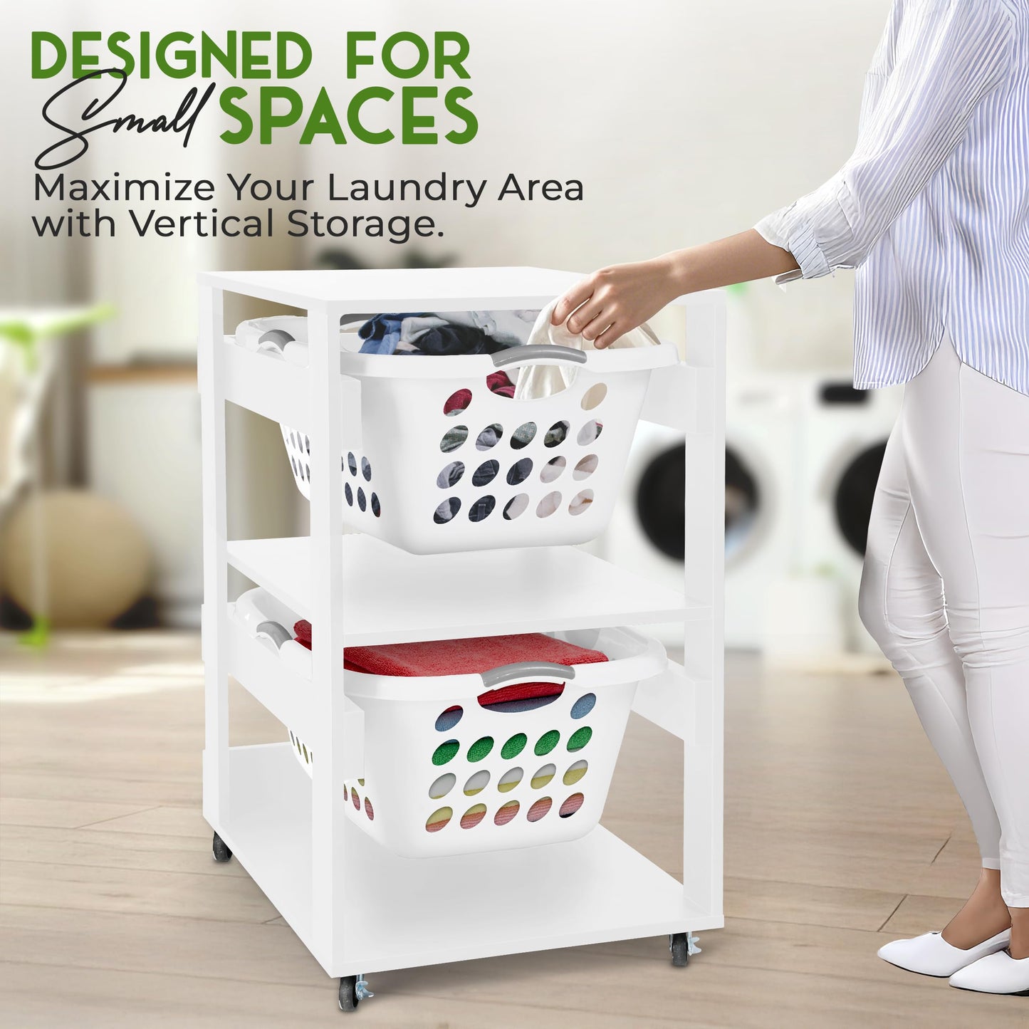 Laundry Basket Holder Shelf – Stackable Engineered Wood Laundry Tower with Wheels, Tiered Laundry Hamper Organizer for Bathroom, Bedroom, Closet (White, 2 Tier)