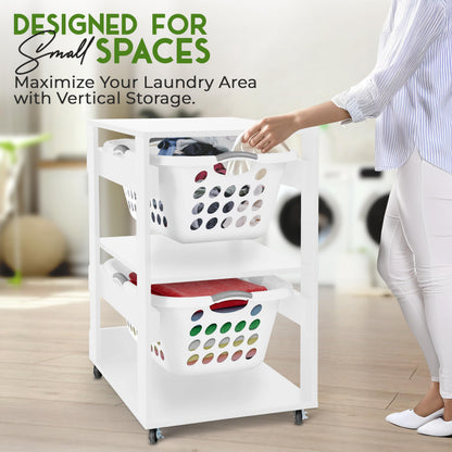 Laundry Basket Holder Shelf – Stackable Engineered Wood Laundry Tower with Wheels, Tiered Laundry Hamper Organizer for Bathroom, Bedroom, Closet (White, 2 Tier)
