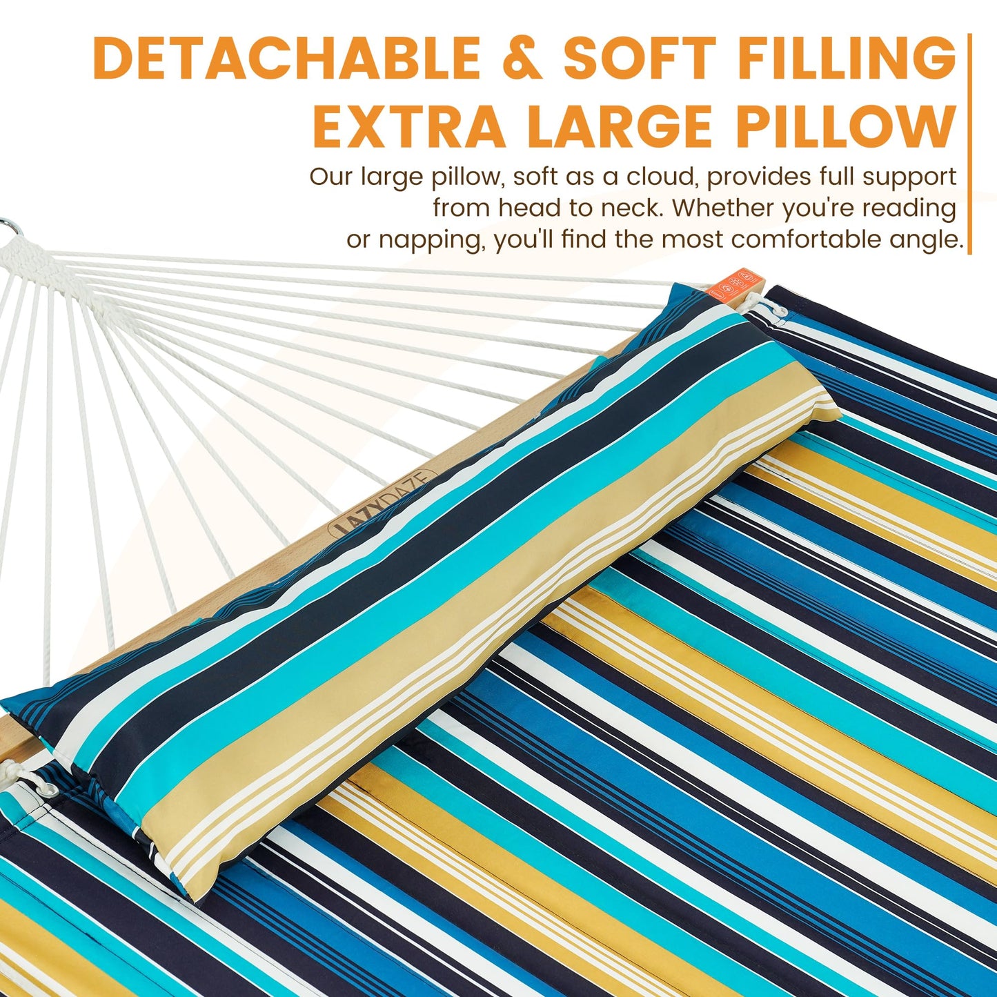 Lazy Daze Hammocks 10.5FT 2 Person Double Quilted Fabric Hammock with Spreader Bar, Detachable Pillow, Side Pocket, Carabiners, Chains, Straps for Outdoor, 450lbs Capacity, Beach Stripes