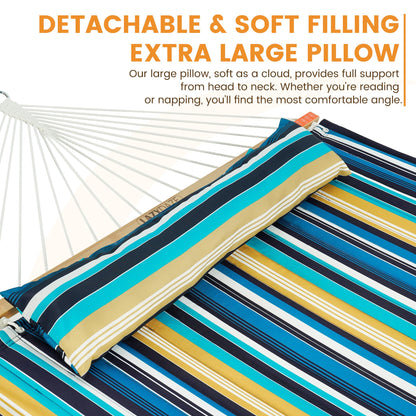 Lazy Daze Hammocks 10.5FT 2 Person Double Quilted Fabric Hammock with Spreader Bar, Detachable Pillow, Side Pocket, Carabiners, Chains, Straps for Outdoor, 450lbs Capacity, Beach Stripes