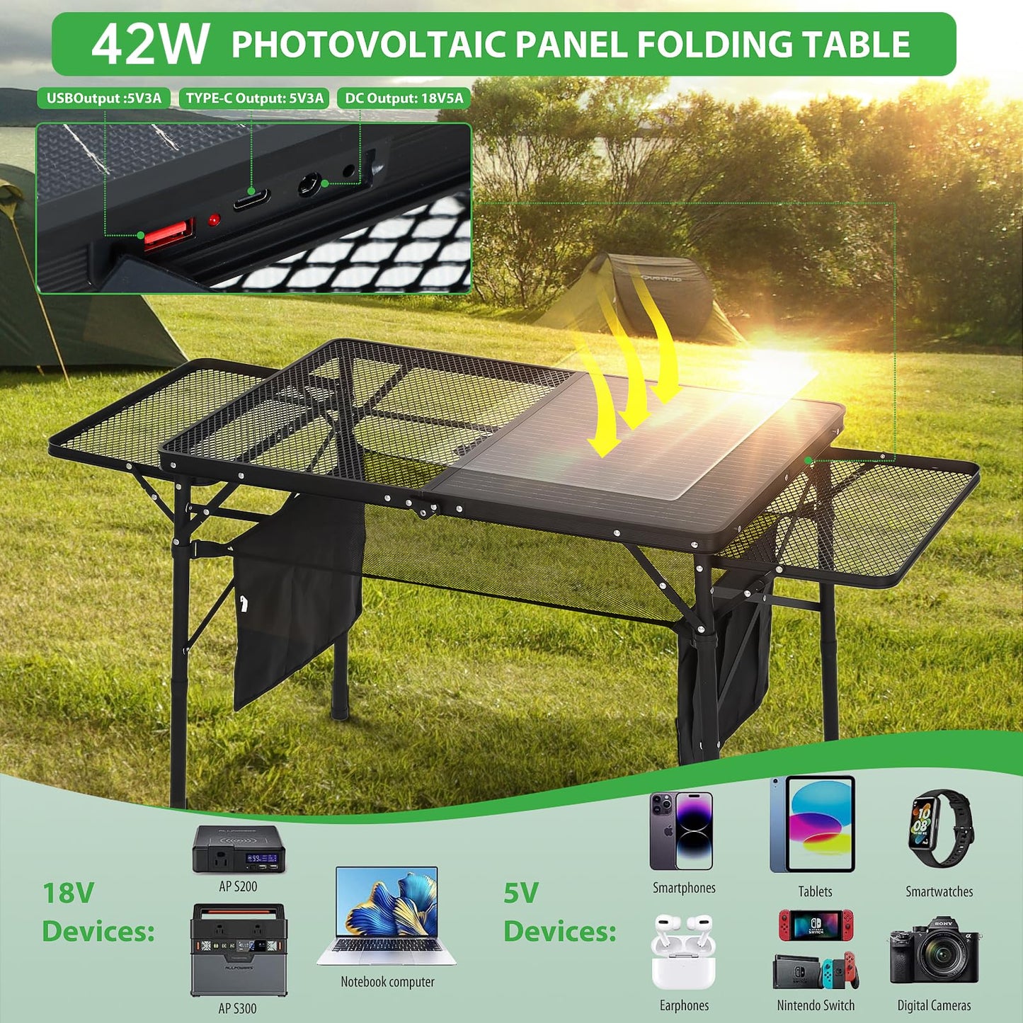 Nice C Camping Table, Ourdoor Folding Grill Table, Tailgate Tables, Solar Panel Tables with USB Type-C&DC Charging Cable, 42W Portable Solar Charger, 2 Side Shelves, with Mesh Net&Cup Holders