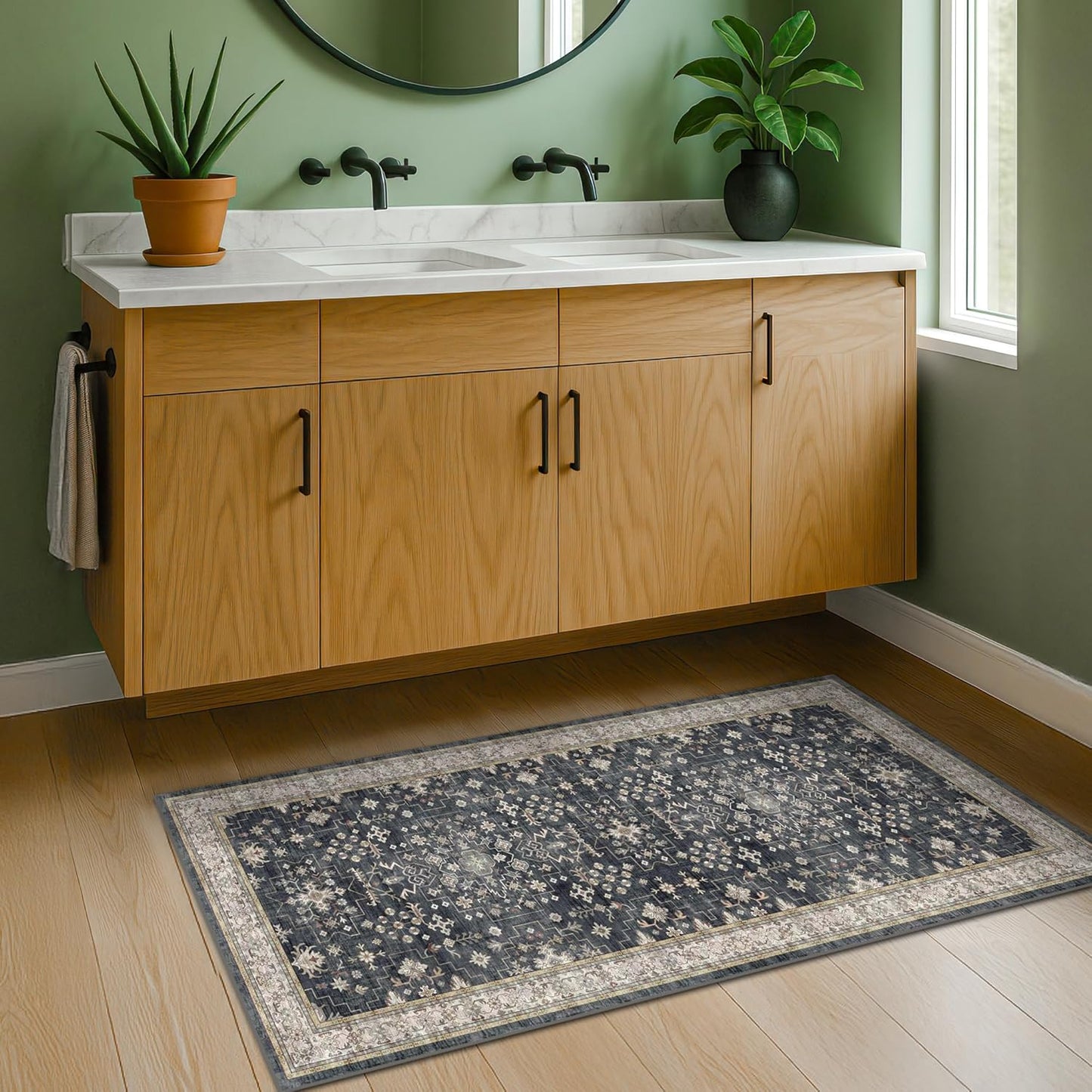 Skiennix Entryway Runner Rug - Non-Slip, Washable, Stain Resistant | Vintage Ashen Charcoal Floral Design (2x4 ft)
