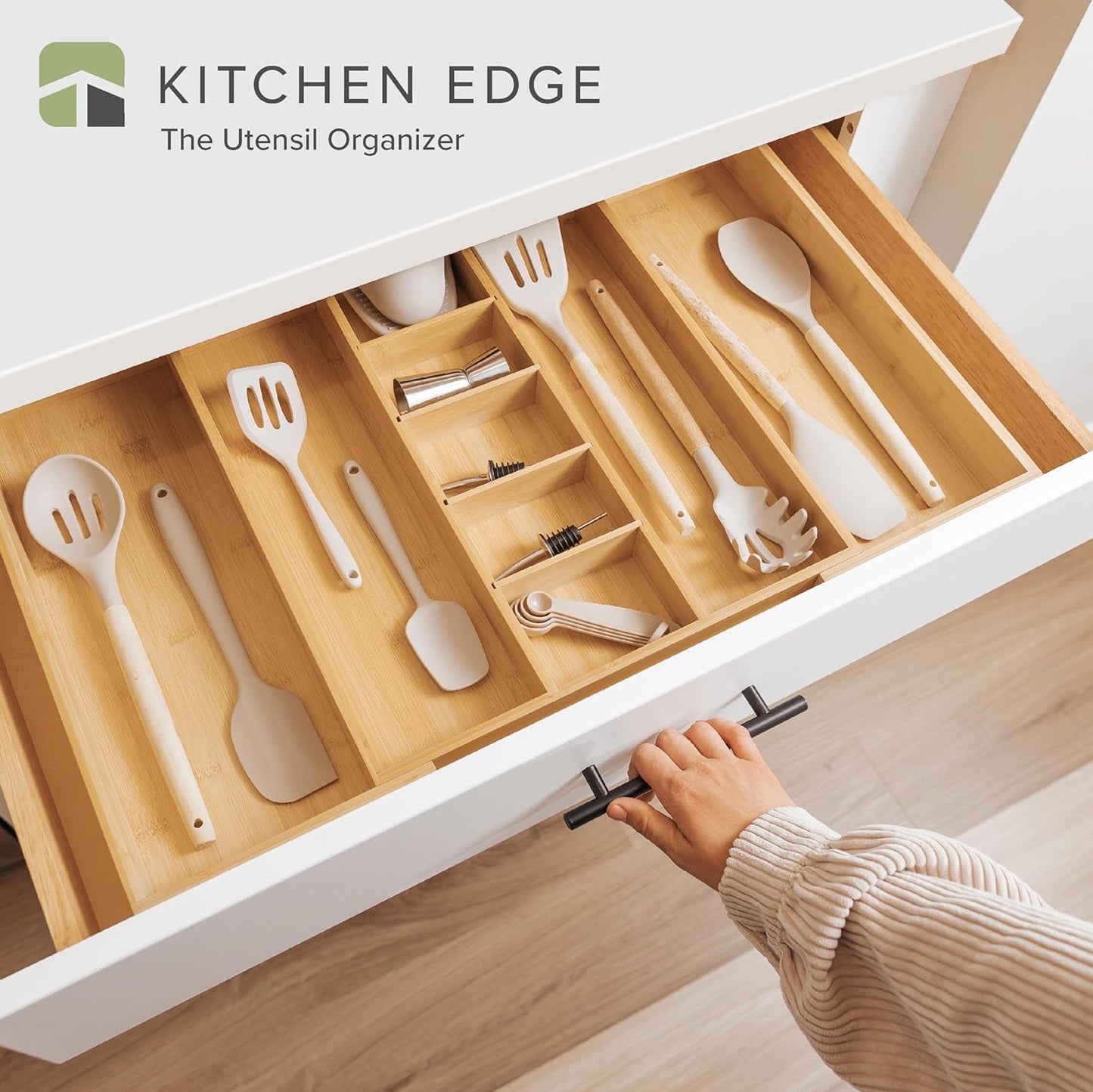 KitchenEdge Adjustable Bamboo Drawer Organizer - Expandable Utensil Storage with 9 Compartments, 28 Inches Wide