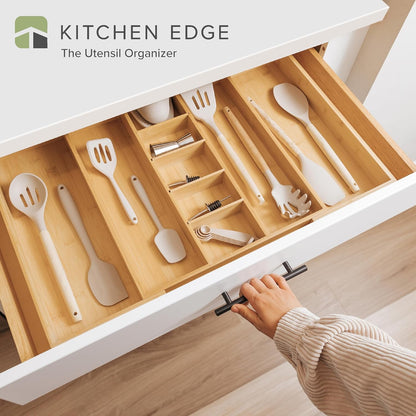 KitchenEdge Adjustable Bamboo Drawer Organizer - Expandable Utensil Storage with 9 Compartments, 28 Inches Wide