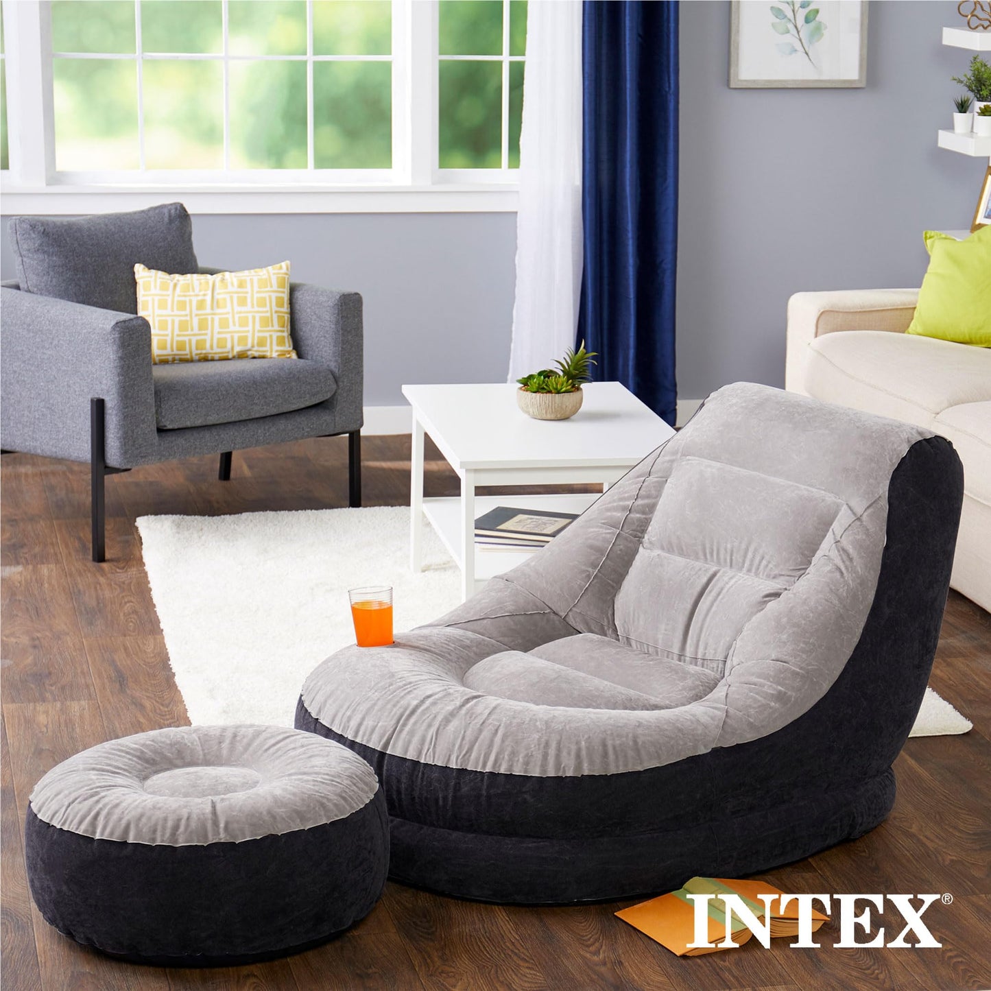 Intex Inflatable Ultra Lounge Chair With Cup Holder And Ottoman Set (4 Pack)