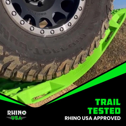 Rhino USA Off-Road Recovery Traction Boards - 2 Pack Ultimate Tire Traction Mountable Mats for 4X4 Vehicles in Sand, Mud & Snow. Heavy Duty Zipper Carry Bag and Leashes Included - (Green)