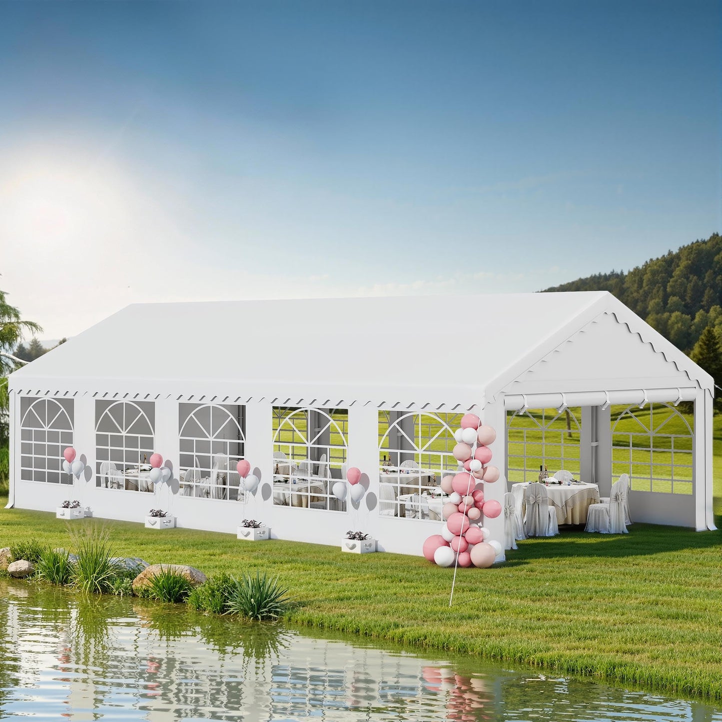 DWVO 16x32FT White Wedding Event Tents Pavilion, White Heavy-Duty Canopy with Enhanced Galvanized Ripple Frame, Spacious Roof, Detachable Side Panels, and 2 Handy 600D Oxford Storage Pouches