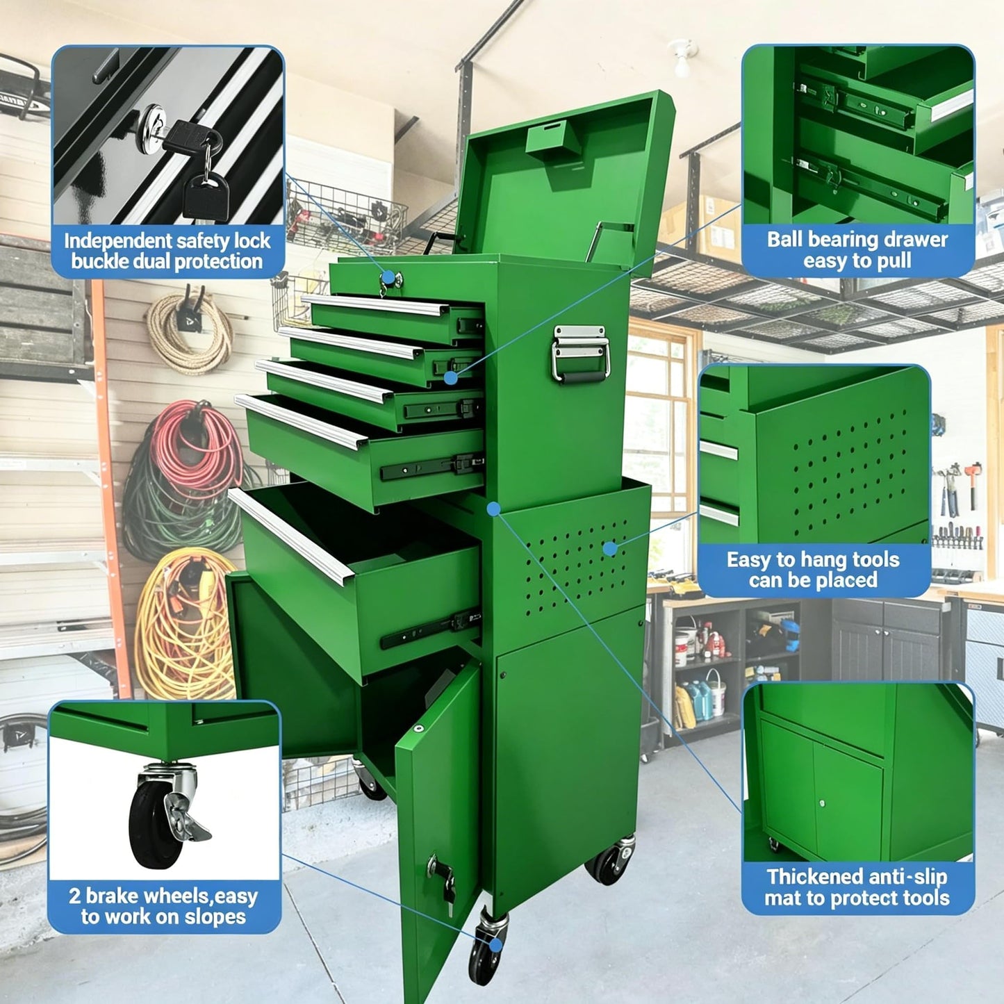 PeakPursuit Rolling Tool Chest, 5 Drawer Heavy Duty Mobile Tool Cart with Locking Wheels and Ball Bearing Slides, Garage Tool Storage Cabinet, Metal Tool Box on Wheels, Green