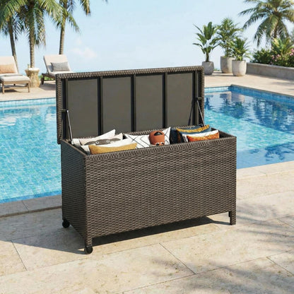 185 Gallon Wicker Deck Box, All-Weather Outdoor Storage Bin with Rattan Finish, Large Capacity for Patio Furniture, Cushions, Pool Supplies & Garden Tools (Brown)