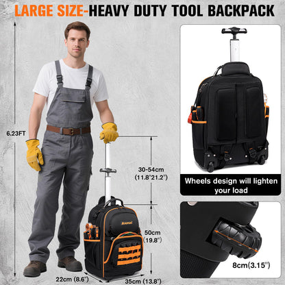 2-In-1 Rolling Tool Backpack Heavy Duty, 47 Pockets Rolling Tool Bag with Wheels, Tool Bag Backpack with Retractable Handle, 1680D, Backpack for Tools HVAC Electrician Construction Worker Mechanic