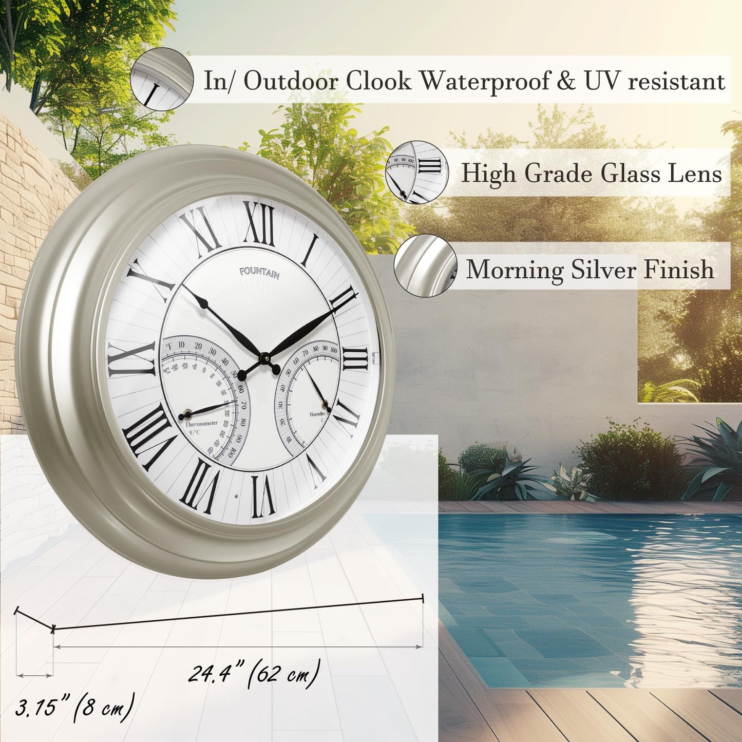 FOUNTAIN DESIGNS 24 Inch Outdoor Clocks Waterproof, Self-Illuminated Large Outdoor Clock with Thermometer and Hygrometer Combo for Patio,Pool and Garden Decor,Roman Numeral,Morning Silver