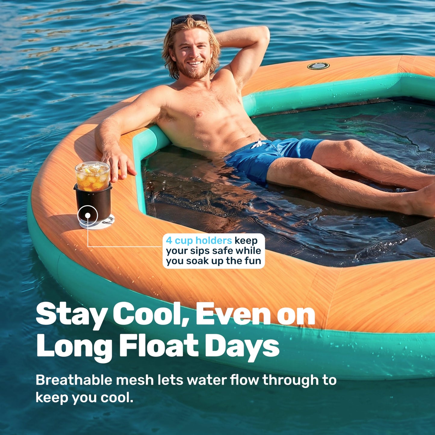 SLOOSH 8FT Inflatable Water Hammock Floating Dock, Sunchill Float Ring with Wood Grain & Mesh Design, Round Floating Dock Platform with Removable Cup Holders for Lake, River, or Boat Party