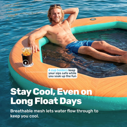 SLOOSH 8FT Inflatable Water Hammock Floating Dock, Sunchill Float Ring with Wood Grain & Mesh Design, Round Floating Dock Platform with Removable Cup Holders for Lake, River, or Boat Party