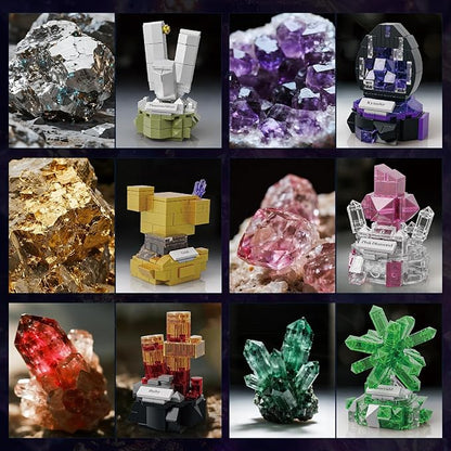 Mineral Display Building Blocks Set 794pcs 9 Pack Gemstone Models Crystal Rock Collection STEM Geology Bonsai Gems Home Office Decor Compatible with Lego for Kids Adults Boys Girls 6+