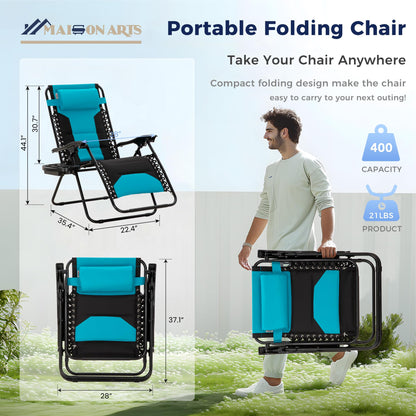 MAISON ARTS Oversized Zero Gravity Chairs Set of 2, Folding Padded Recliner Anti Gravity Lounge Chair with 28" Wide Seat and Cup Holder, Support 400lbs, Aqua