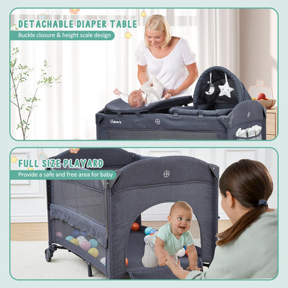 5 in 1 Pack and Play Bedside Sleeper with Bassinet, Diaper Changer & Hanging Toy, Portable Crib Nursery Center for Newborns to Toddlers, Grey