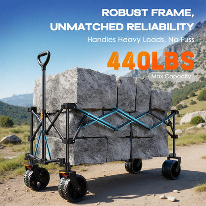 Navatiee 300L Collapsible Wagon Cart Foldable Extra Large, 48''L Folding Extended Beach Wagon with 440LBS Weight Capacity and Big All-Terrain Wheels, Heavy Duty Utility Garden Cart for Sports Outdoor